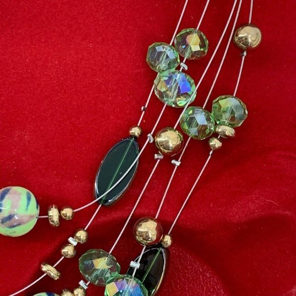 Women’s Lot Glass Bead Necklace Earring Set Green 0350 Layered Tiered 20" - Picture 3 of 11